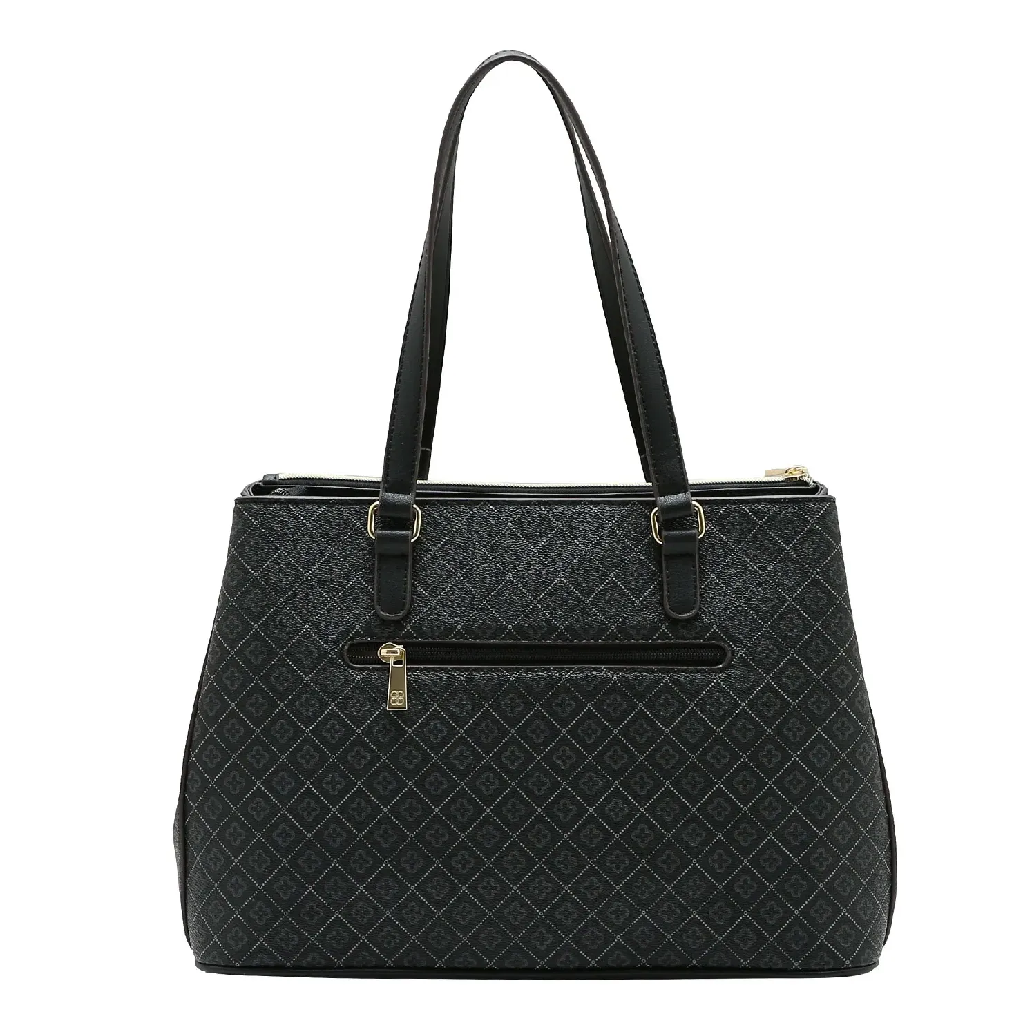 Bolsa Chenson preta feminina vista frontal com estampa gráfica e bolso externo